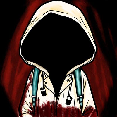 little anime girl in a raincoat her hair is covering her eyes she has a lighter
