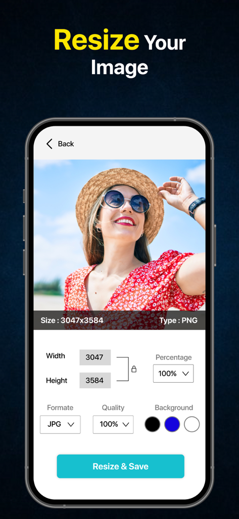 JPG PNG Image Photo Converter - App screen showing options to resize an image with width height and file format settings