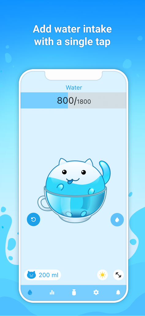 Watercat: drink reminder - Watercat app interface showing a cute cat mascot in a glass and water intake progress