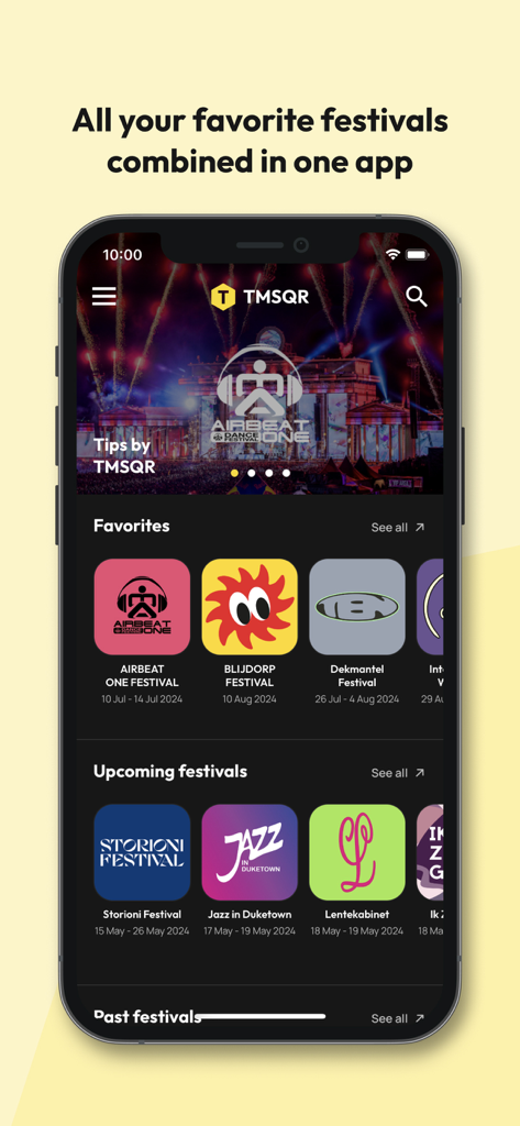 Pantalla de inicio de la aplicación TMSQR mostrando festivales favoritos y próximos como Airbeat One y Dekmantel