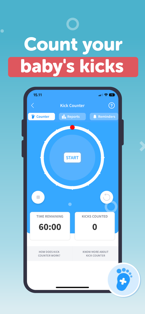 Uma tela de telefone mostrando a interface do contador de chutes fetais no aplicativo Asianparent