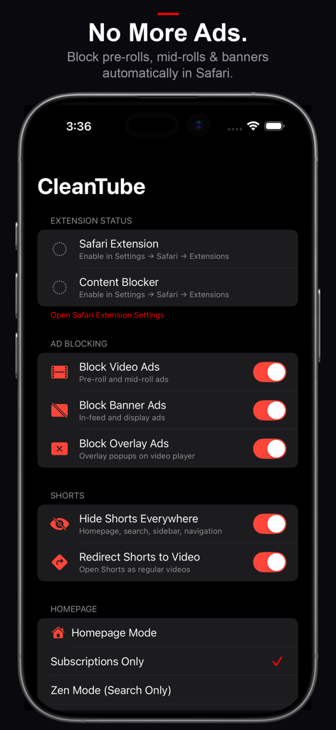 CleanTube: Distraction Blocker - Interfaz de la aplicación CleanTube en iPhone mostrando opciones para bloquear anuncios, ocultar Shorts y configurar el modo de página de inicio