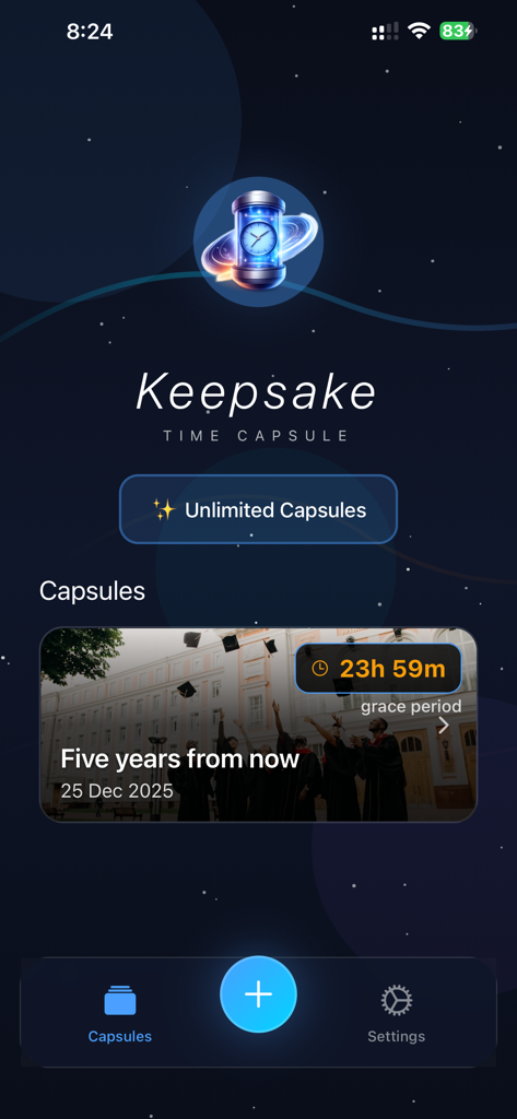 Keepsake Time Capsule - The Keepsake Time Capsule app interface showing a list of saved memories with a countdown timer and cosmic theme