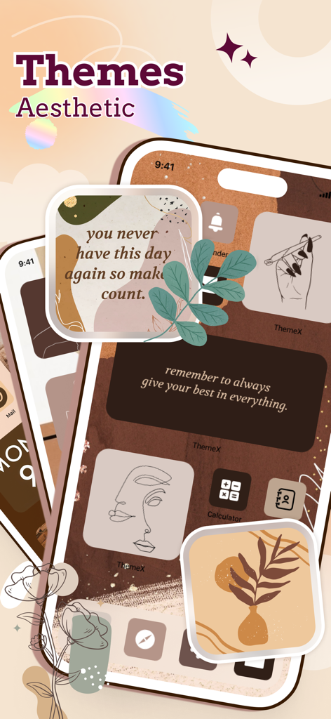 ThemeX: App Icons & My Widgets - Pantalla de inicio de iPhone personalizada con iconos de arte lineal estéticos y widgets en tonos tierra.