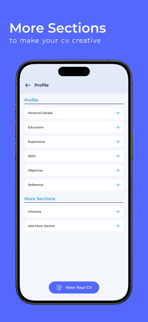 Resume Maker: CV Builder - Pantalla de la aplicación móvil que muestra opciones para agregar diferentes secciones a un currículum, como educación, experiencia y habilidades.