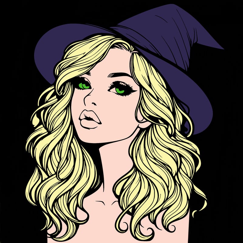 realistic witch girl with wavy hair and lips