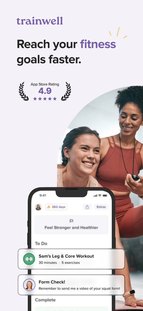 trainwell - The trainwell app interface showing a personalized workout plan and a form check notification from a coach.