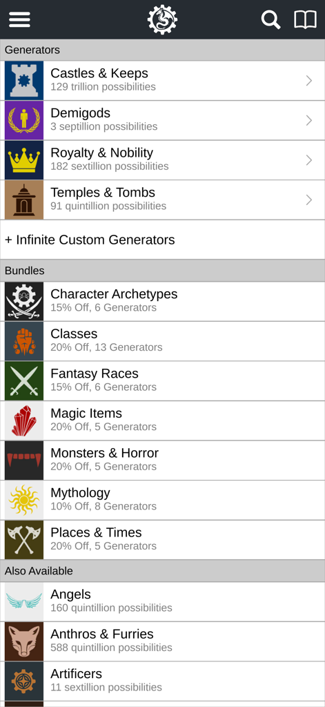 Fantasy Writer's Companion - Screenshot der Fantasy Writer's Companion App, der eine Liste kreativer Generatoren für den Weltenbau zeigt, wie Burgen, Halbgötter und Fantasy-Völker