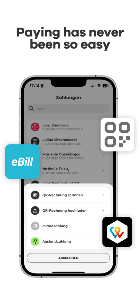 Pantalla de pago de la aplicación neon en un smartphone mostrando el escaneo de facturas QR y opciones de transferencia internacional
