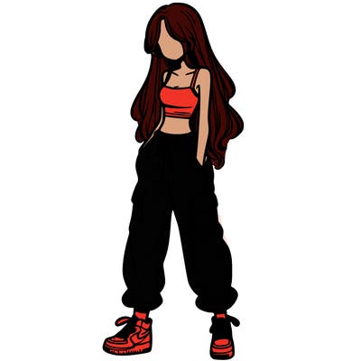 girl in baggy pants crop top and long hair