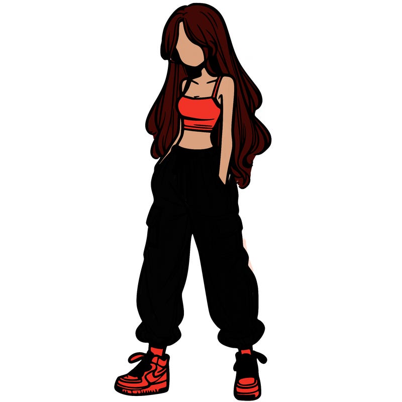 girl in baggy pants crop top and long hair