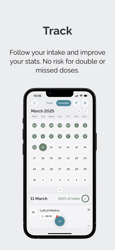 Smartphone screen showing the Dose Medbox medication intake calendar and daily tracking statistics