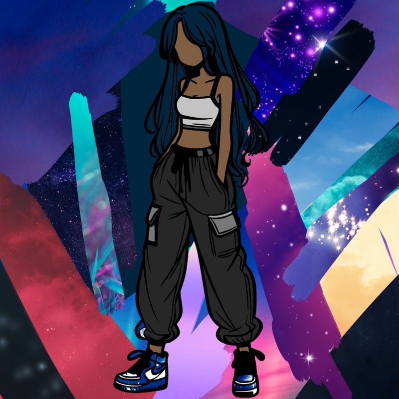 girl in baggy pants crop top and long hair