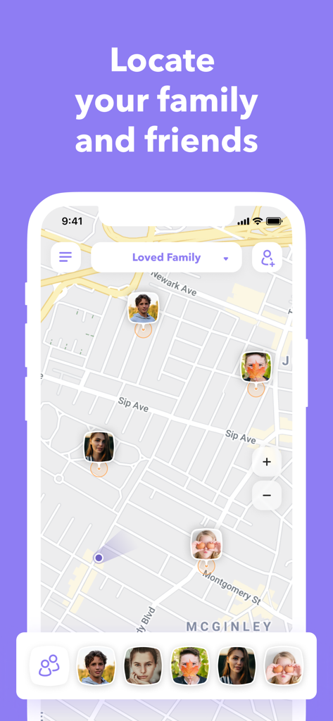 My Geo — find friends & family - My Geo app interface tracking family and friends on a city map