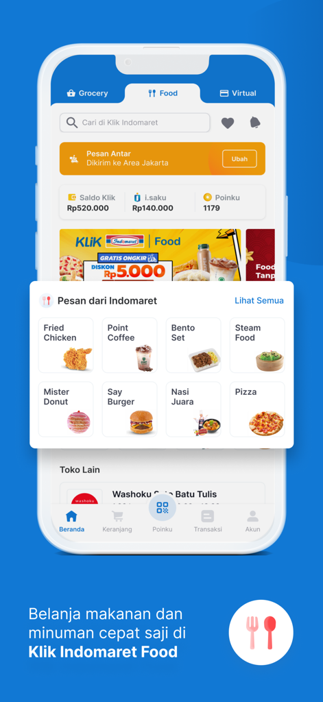Klik Indomaret mobile app food ordering screen featuring various fast food categories