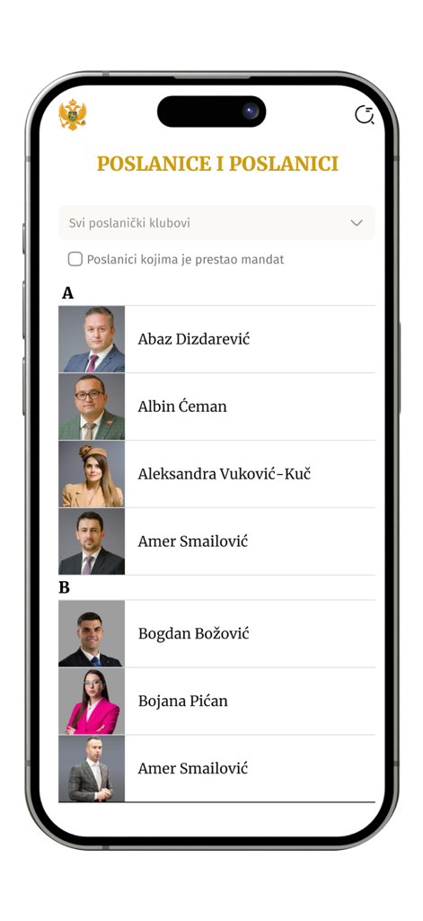 Skupština CG - Interface of the Skupština CG app showing a directory of Members of the Parliament of Montenegro with photos and names