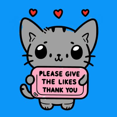 cute cat holding a sign that says please give ,e some likes thank you