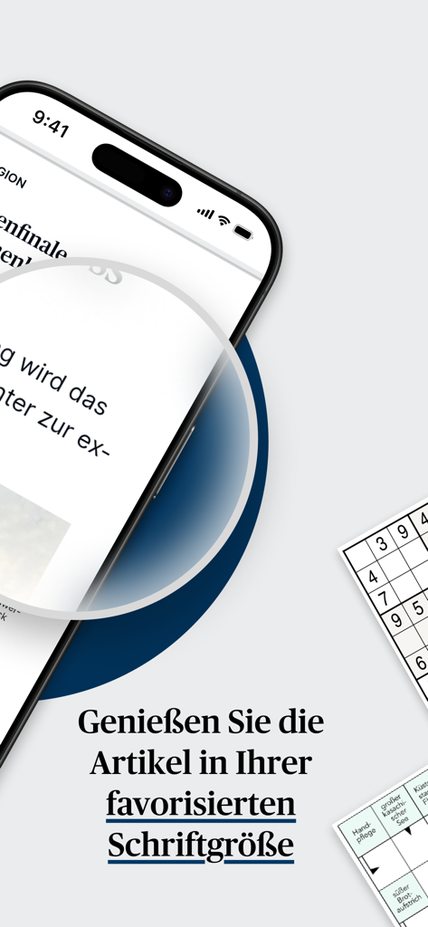 GA ePaper - GA ePaper app interface with adjustable font size and interactive puzzles