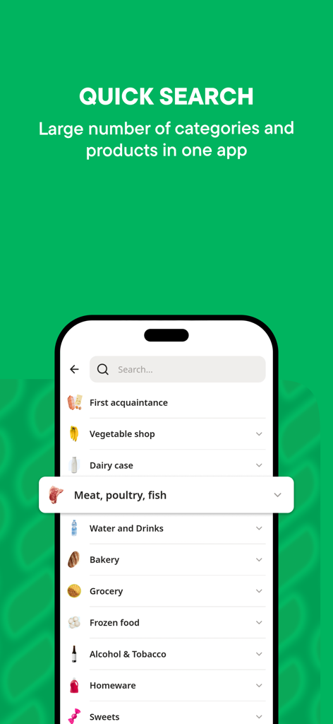 Alma Go – доставка продуктов - Alma Go app interface showing grocery categories for quick search