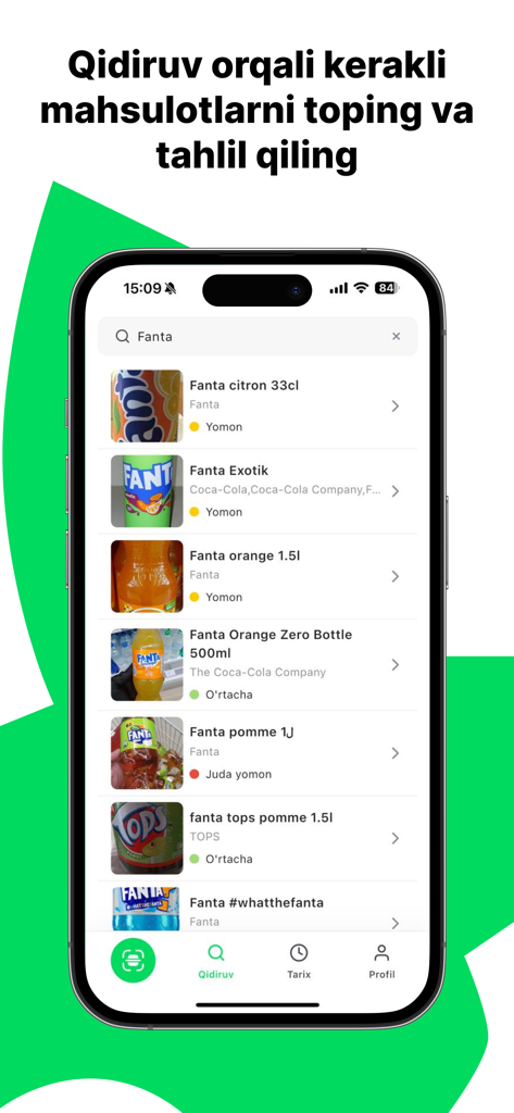 Sifatly: Product Scanner - Pantalla del smartphone mostrando resultados de búsqueda de productos con puntuaciones de salud en la aplicación Sifatly