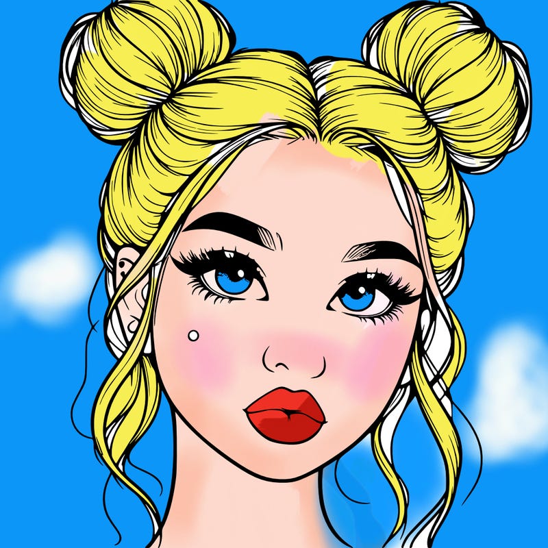 realistic girl with two buns on her hair and lips