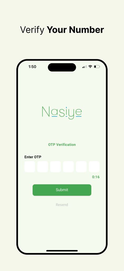 Nasiye CRBT - Nasiye CRBT app OTP verification screen for user phone number authentication.