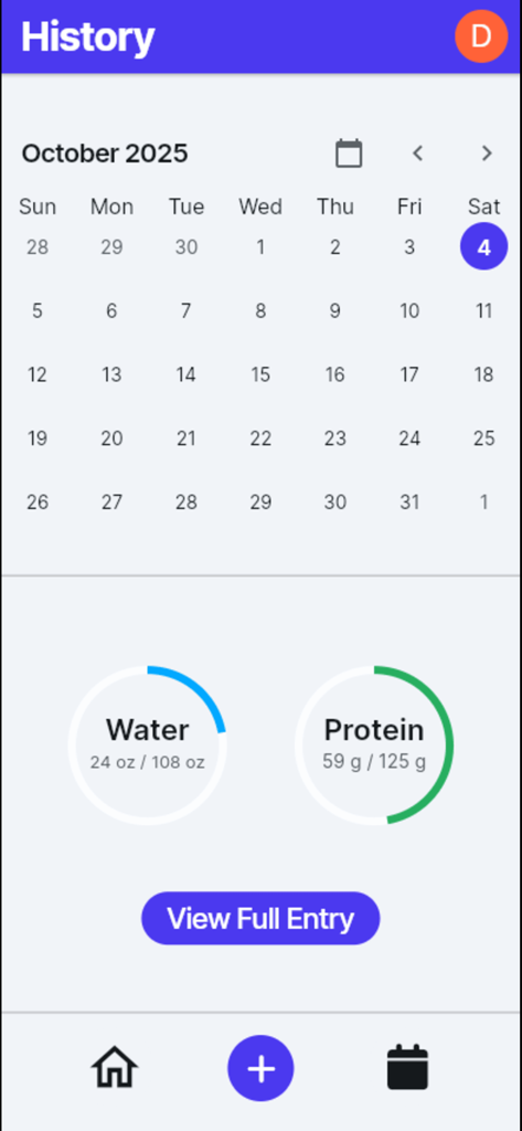 HydroMeal - Pestaña de historial de la aplicación HydroMeal que muestra una vista de calendario y el progreso de la ingesta diaria de agua y proteínas.