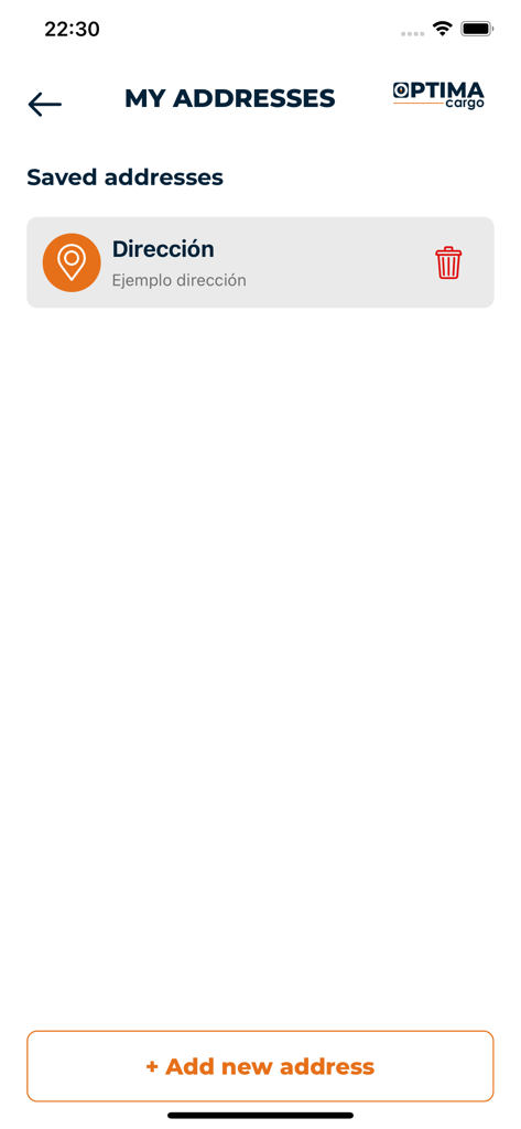 Optima Cargo app screen showing saved shipping addresses and an add new address button