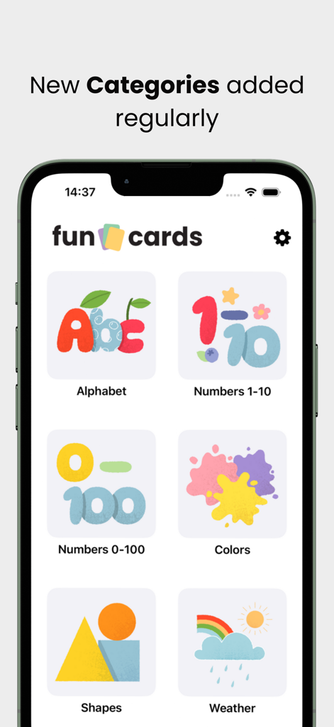 FunCards- first English words! - Interface do aplicativo FunCards mostrando categorias educacionais como alfabeto, números, cores e formas para crianças pequenas