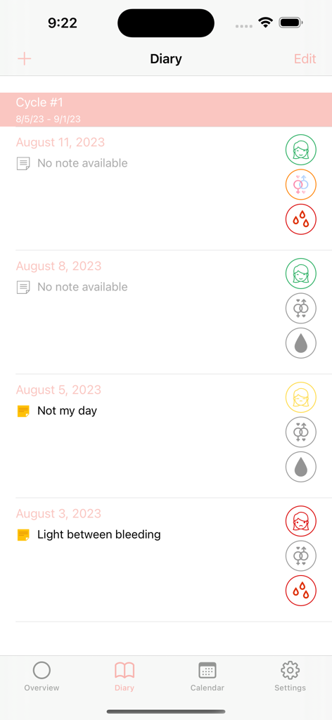 MyRing - contraceptive ring - MyRing app diary interface showing daily cycle notes and health tracking icons.