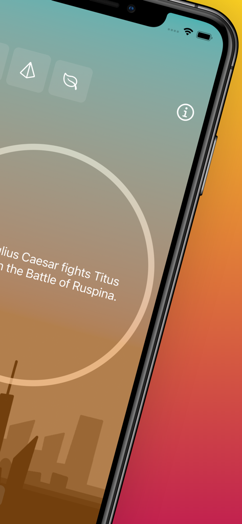 아이폰 화면에 알록달록한 그라데이션 배경 위에 율리우스 카이사르에 대한 사실이 표시되는 역사적 사실 앱이 표시됨