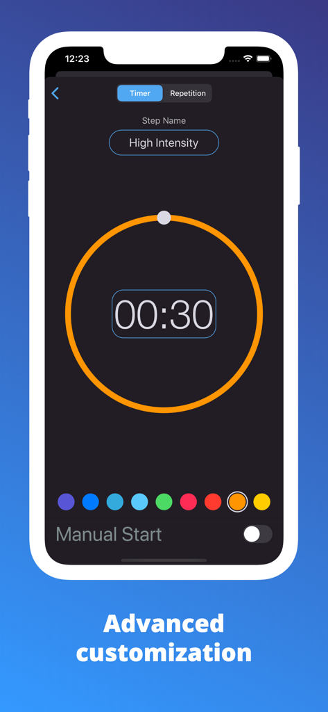 TimeFit - Interval Timer - TimeFit app interface showing advanced customization for a high intensity interval timer with color options