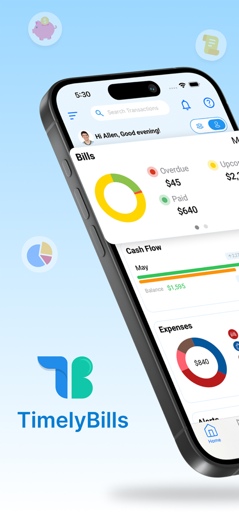 Interfaz de la aplicación TimelyBills que muestra un panel financiero con seguimiento de facturas y gráficos de flujo de efectivo.