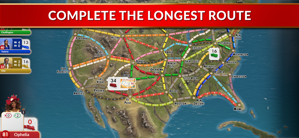 Ticket to Ride® - Ticket to Ride digital board game showing the USA map with colored train routes and strategy gameplay