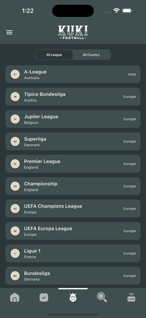 KUKI Football - A list of international soccer leagues including the Premier League and Champions League in the KUKI Football app.