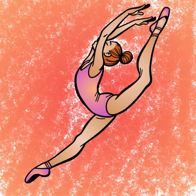 gymnast doing a leap in a leotard with a bent back leg