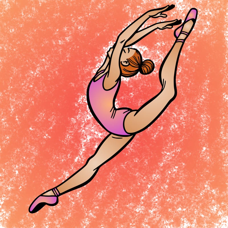 gymnast doing a leap in a leotard with a bent back leg
