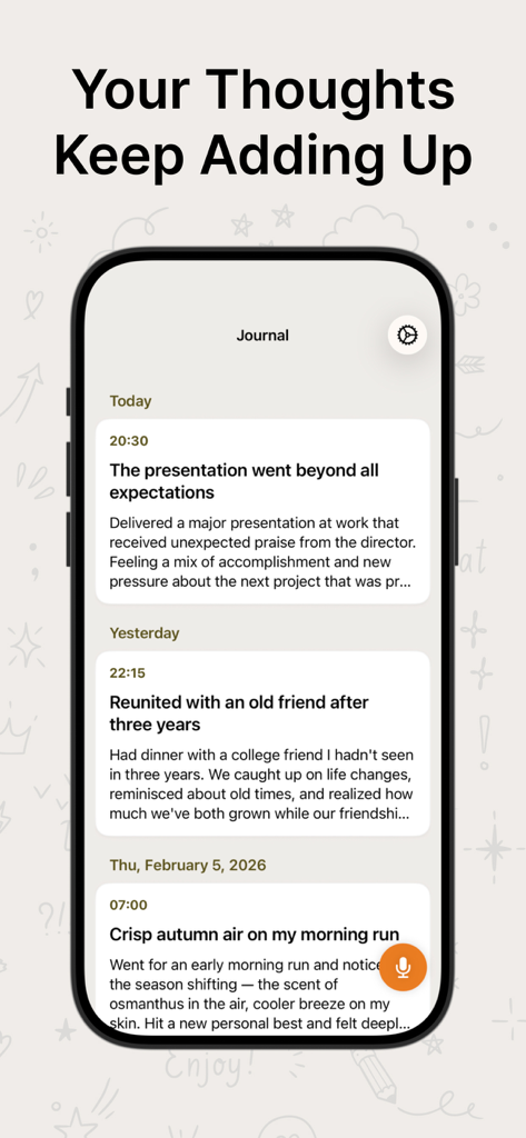 Voice Journal & Diary: Talklog - Écran de smartphone affichant une chronologie d'entrées de journal vocal transcrites dans l'application Talklog