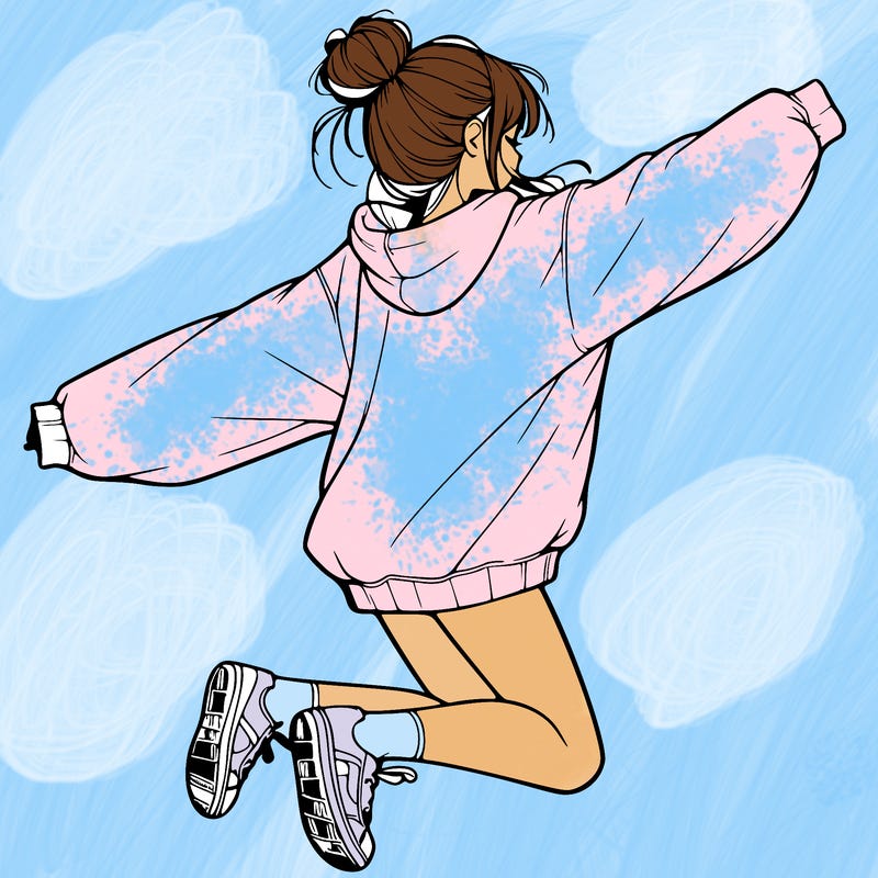 realistic girl jumping with a bun and oversized sweatshirt