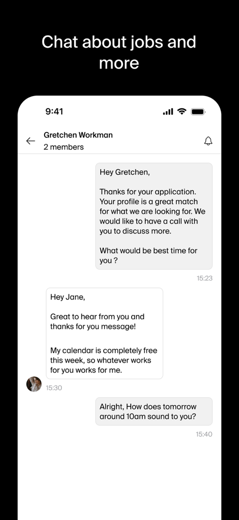 Treamer - Chat conversation between a recruiter and a candidate on the Treamer app