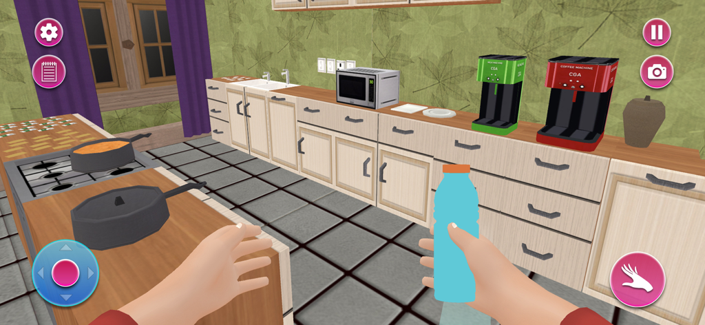 Gameplay em primeira pessoa mostrando um personagem segurando uma mamadeira em uma cozinha virtual