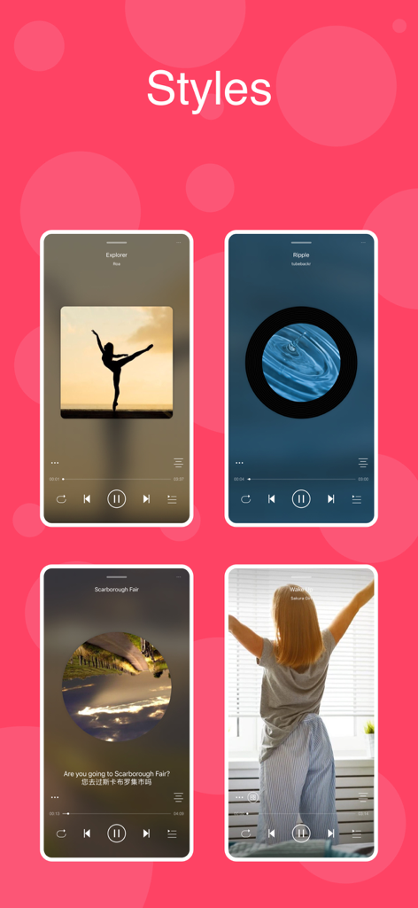 LoveMusic Player - Local Play - A showcase of different visual playback styles in LoveMusic Player including vinyl and CD aesthetics