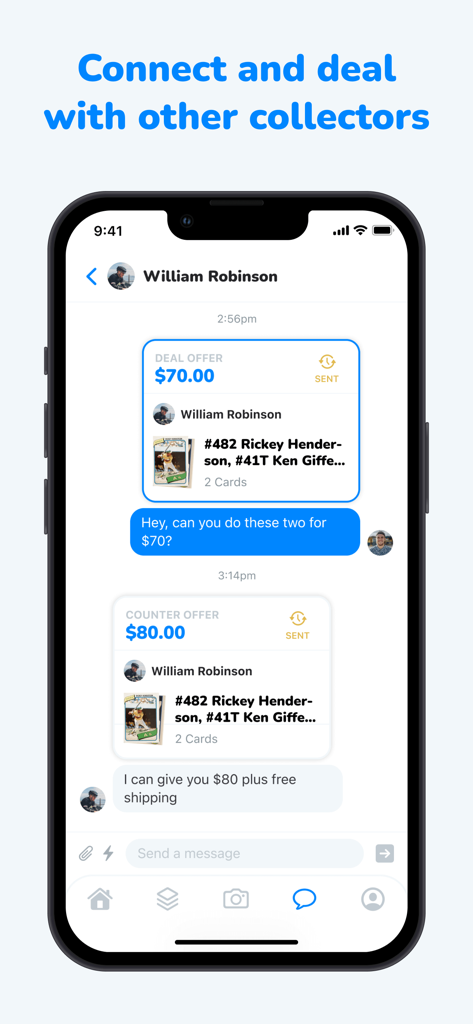 CollX: Sports Card Scanner - Mobile app screenshot showing users negotiating a price for sports cards in a chat window.