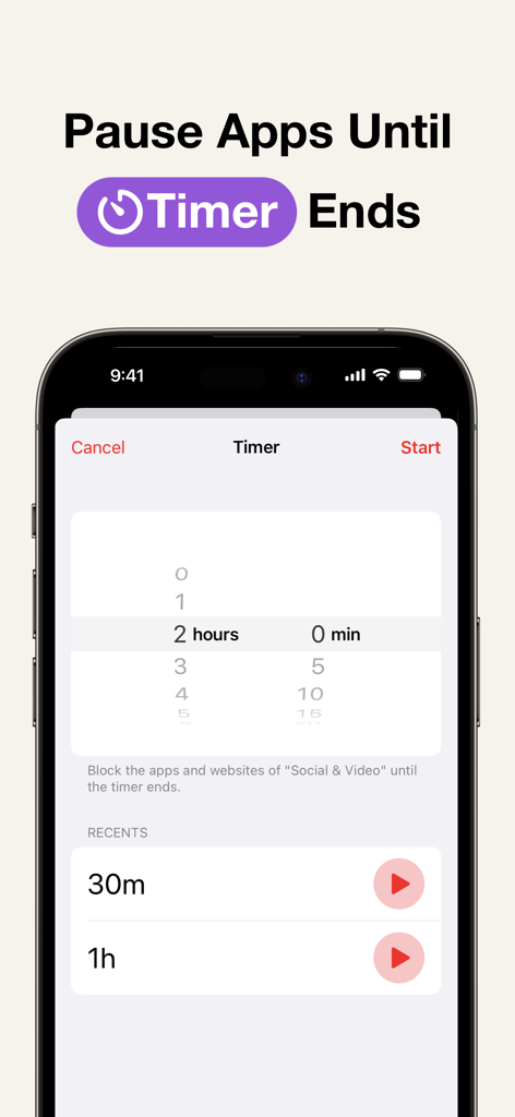 Screen Time - AppStops - A screenshot of the AppStops app interface showing the timer feature to pause apps and websites for a specific duration to stay focused