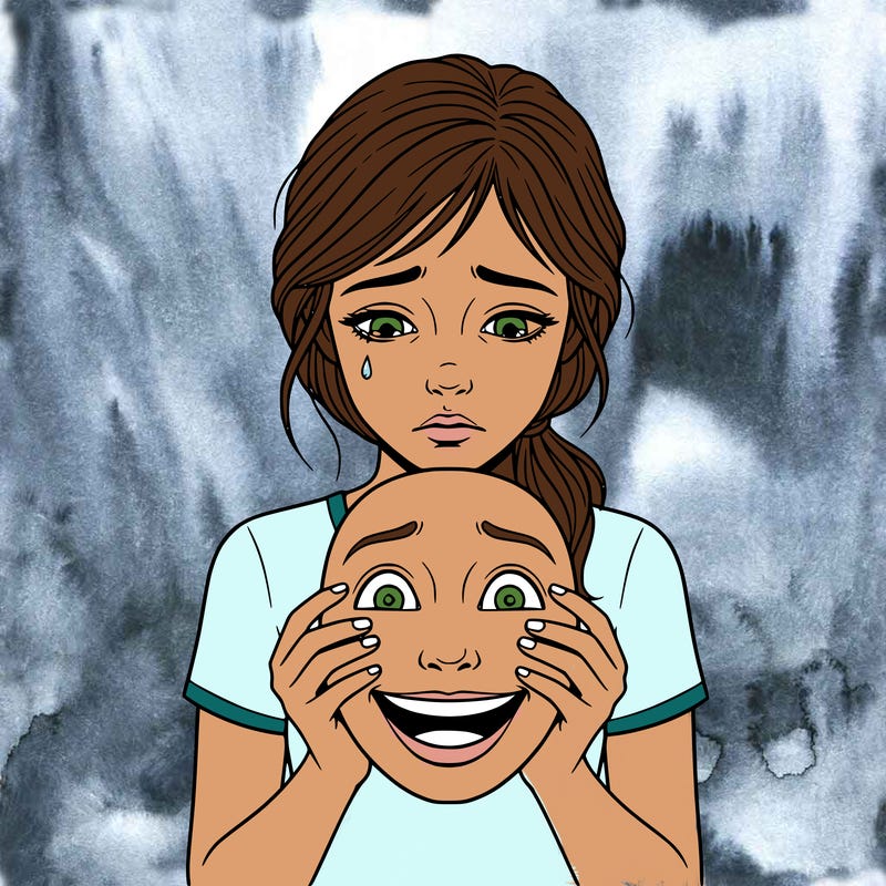 realistic girl holding a face with a smile while her face is sad