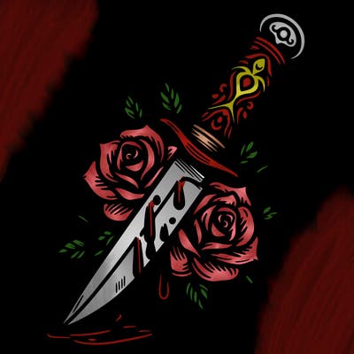 knife with roses and thorns and blood