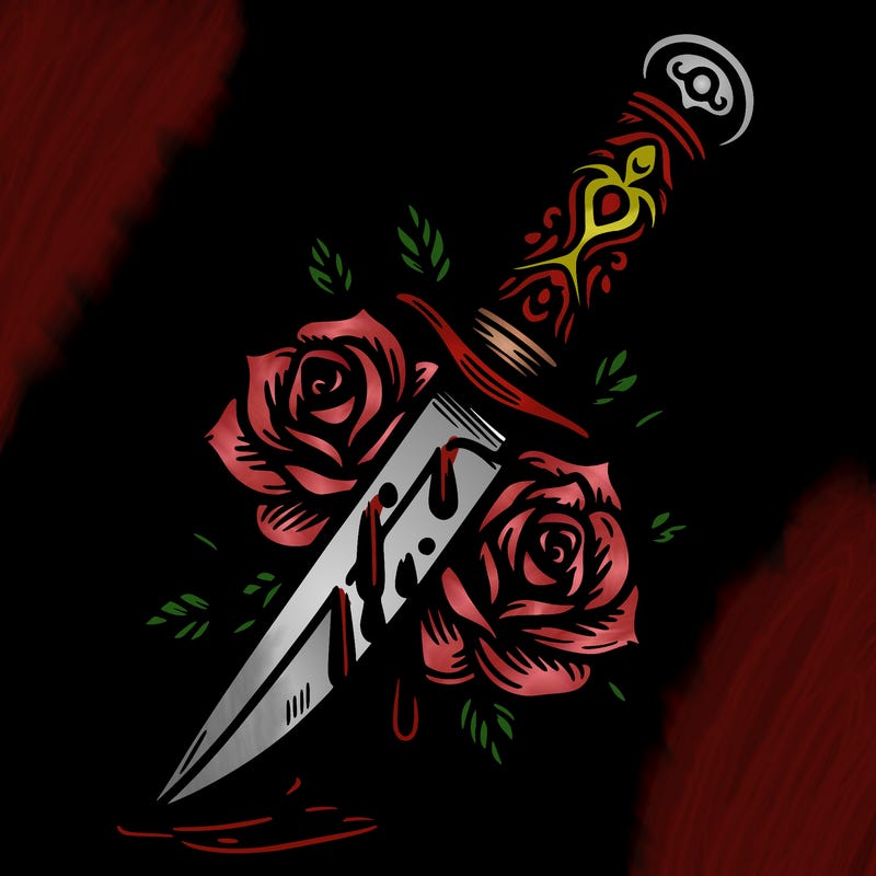 knife with roses and thorns and blood