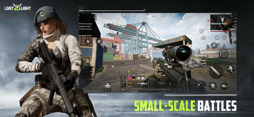 Lost Light: Weapon Skin Treat - Scena di gioco sparatutto tattico in prima persona in Lost Light con una soldatessa e un ambiente di cantiere industriale