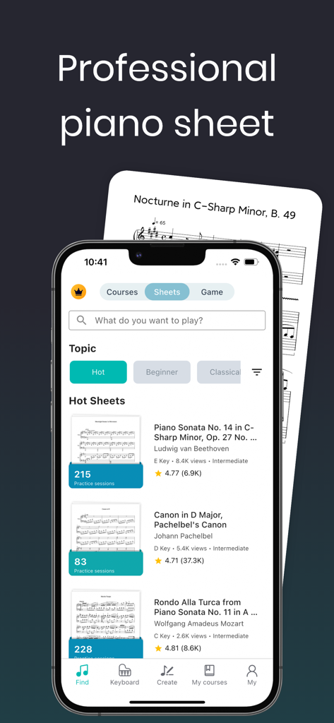 Mobile app interface of EZ Piano showing professional sheet music library with popular classical songs
