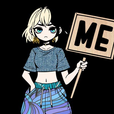 teen angry girl manga wearing crop top and  sweatpants and holding a sign that says me ￼